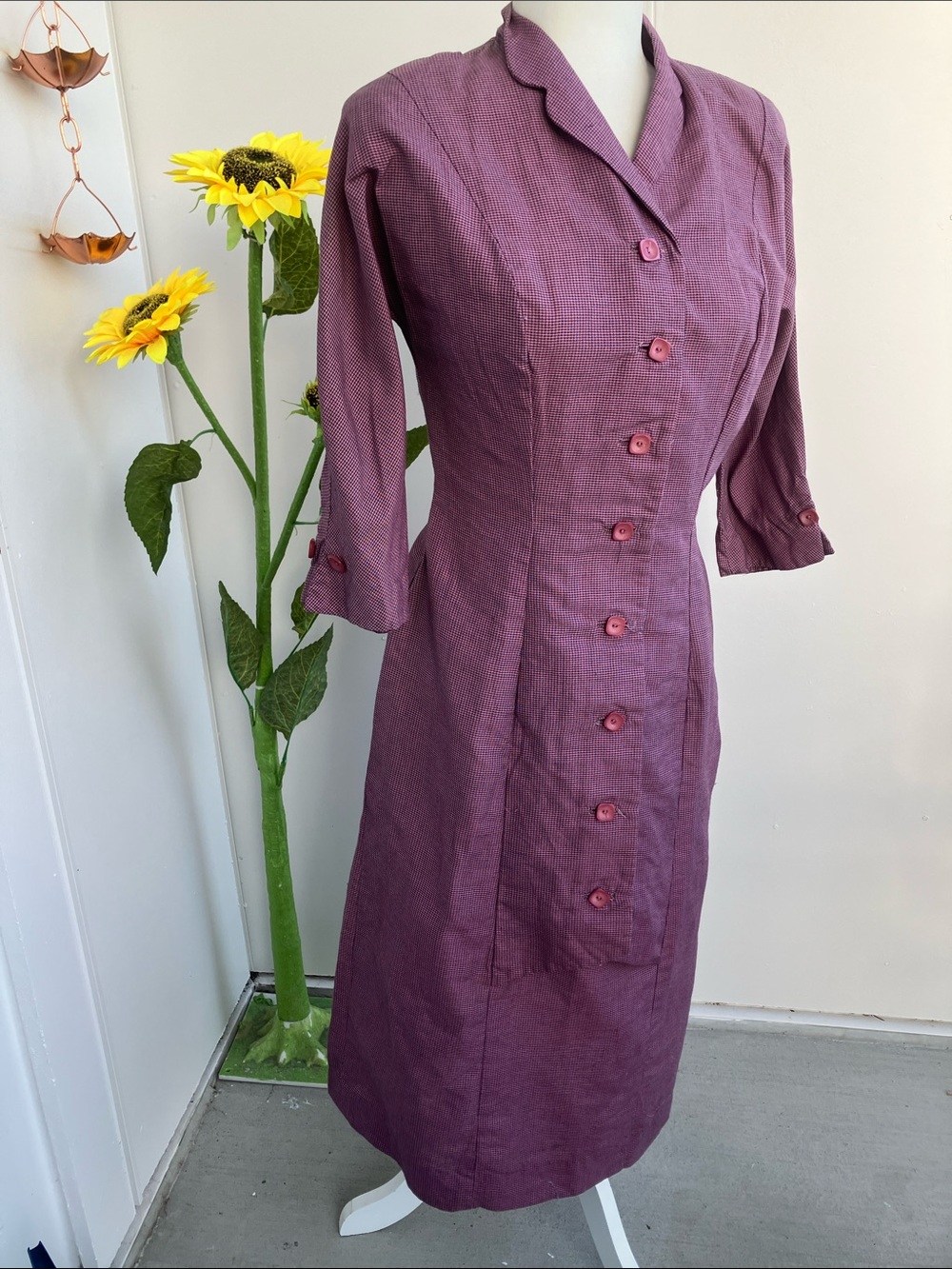 Vintage 60s Dark Gray & Pink Plaid Checkered Button Up Midi Shirt Dress